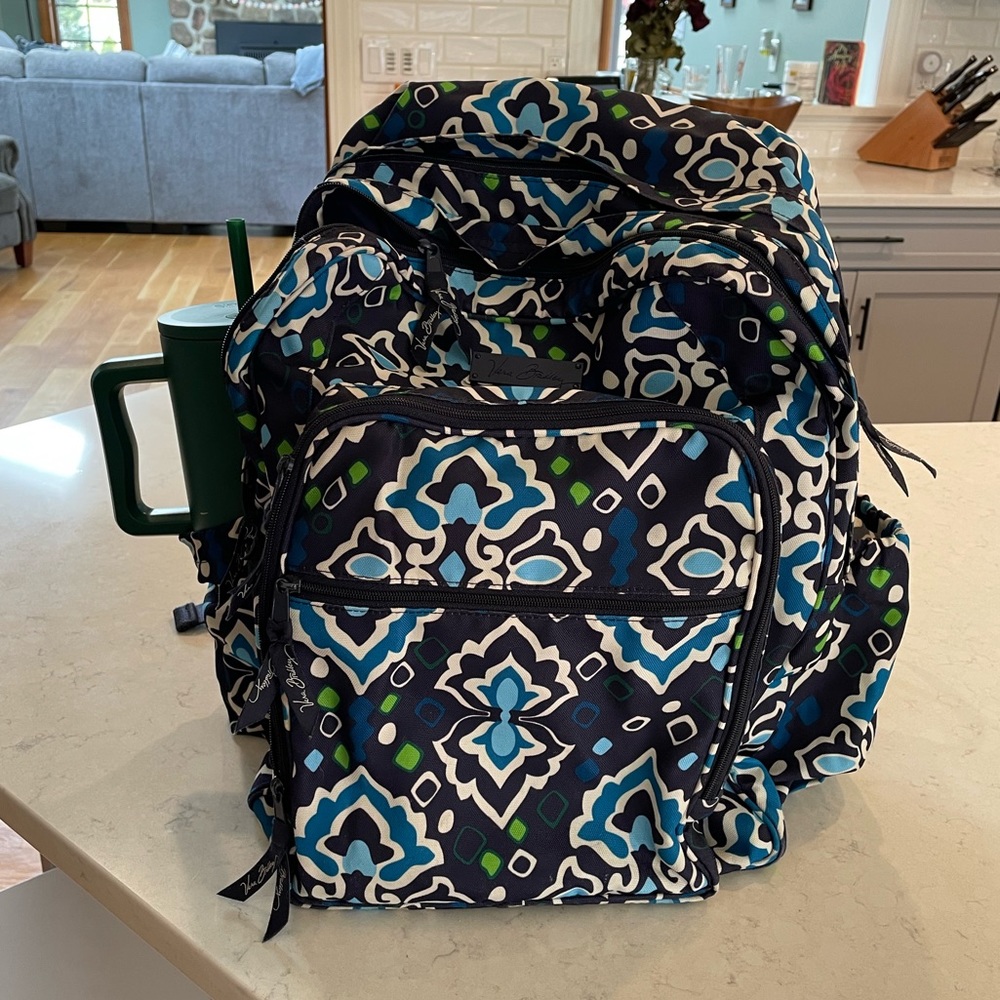 Blue Vera Bradley School Backpack with Multiple Zipper Pockets